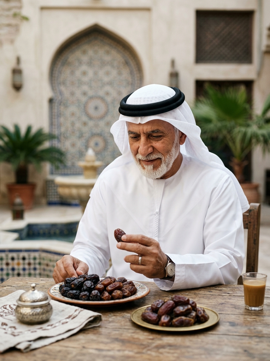 Elegant older gentleman carefully inspecting dates in a rustic room