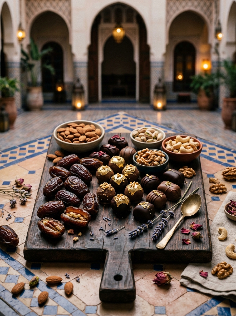 Beautiful flatlay of dates, dark chocolates, nuts, and gold leaf